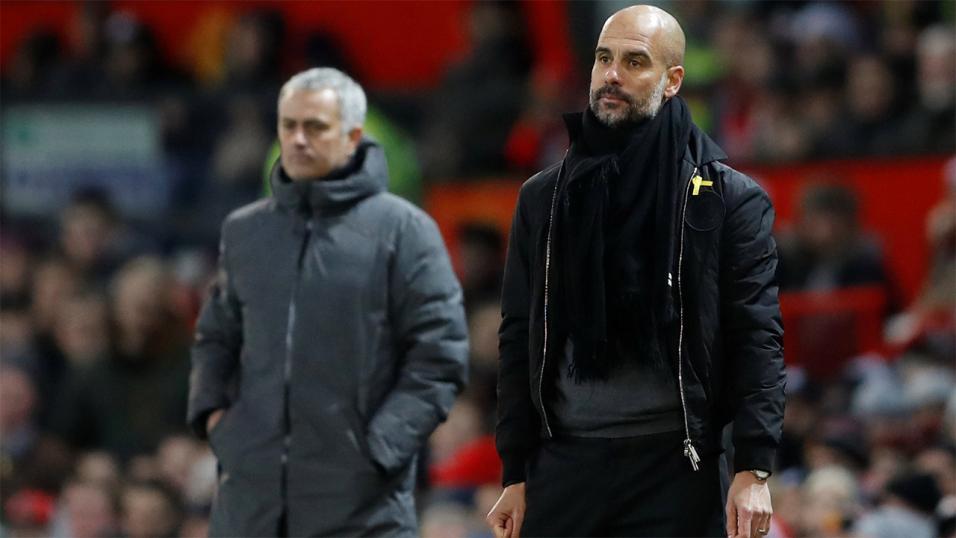 Manchester City manager Pep Guardiola with the Manchester United manager Jose Mourinho.
